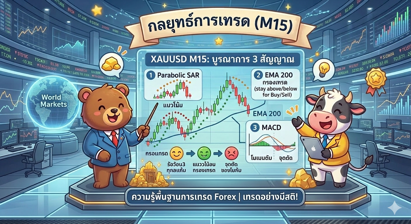 กลยุทธ์ PSAR + EMA 200 + MACD บน TF M15